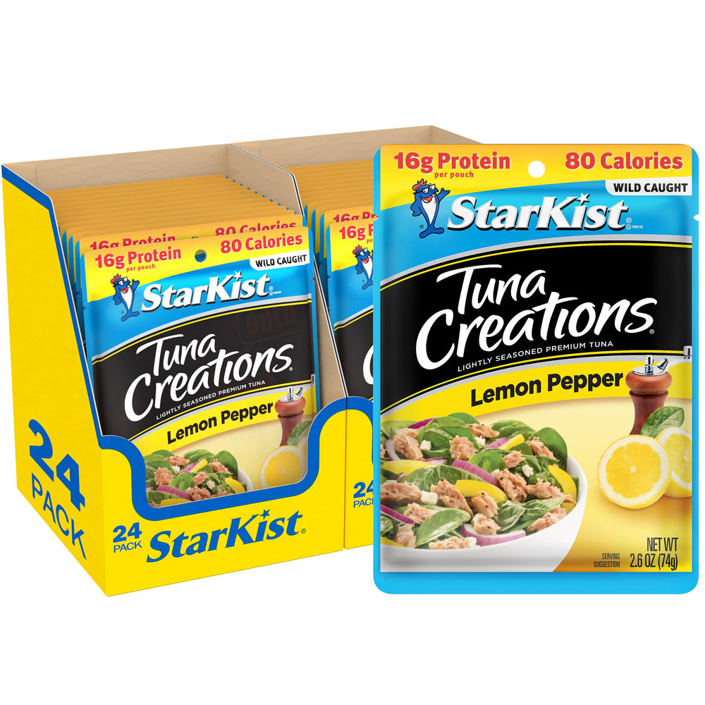 StarKist pouch frontal mostrando etiqueta y sabor limón pimienta, práctico y sabroso