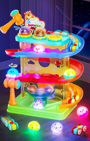 Stay Fun front view of toy packaging showing colorful tower and cars for quick selection