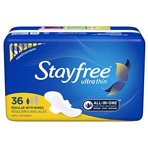 Stayfree empaque frontal mostrando 36 unidades y beneficio de suministro prolongado