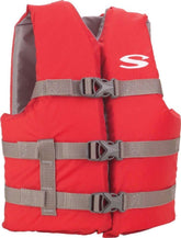 Stearns red youth life vest front view showing buckles and visible safety benefit