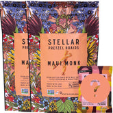 Stellar Snacks frente del empaque Maui Monk mostrando frescura y tamaño