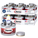 Sterno front packaging showing 12-pack and quick setup benefit