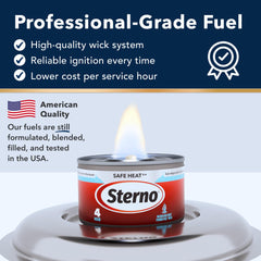 Sterno Safe Heat burning in chafing dish demonstrating steady food warming
