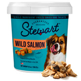 Stewart front packaging of 9.5 oz wild salmon tub showing convenience and shelf stability