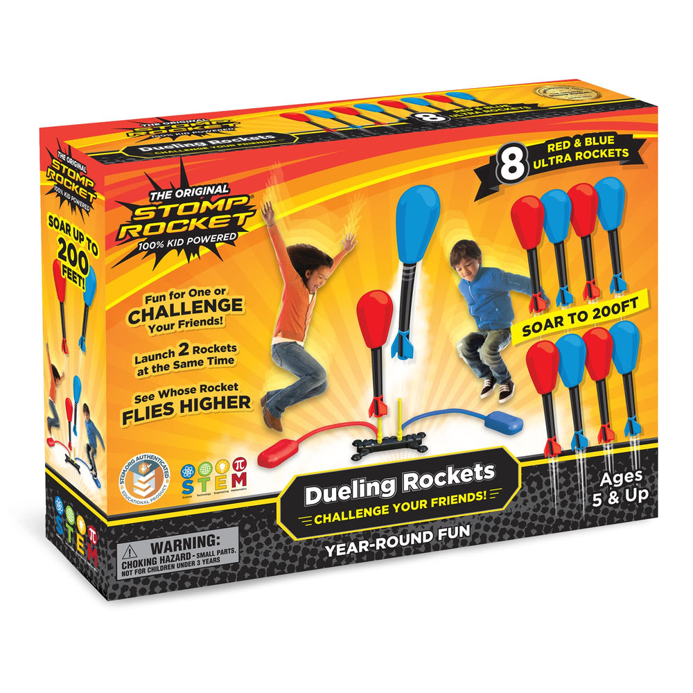 Stomp Rocket front packaging showing dueling launcher and eight rockets for instant active play