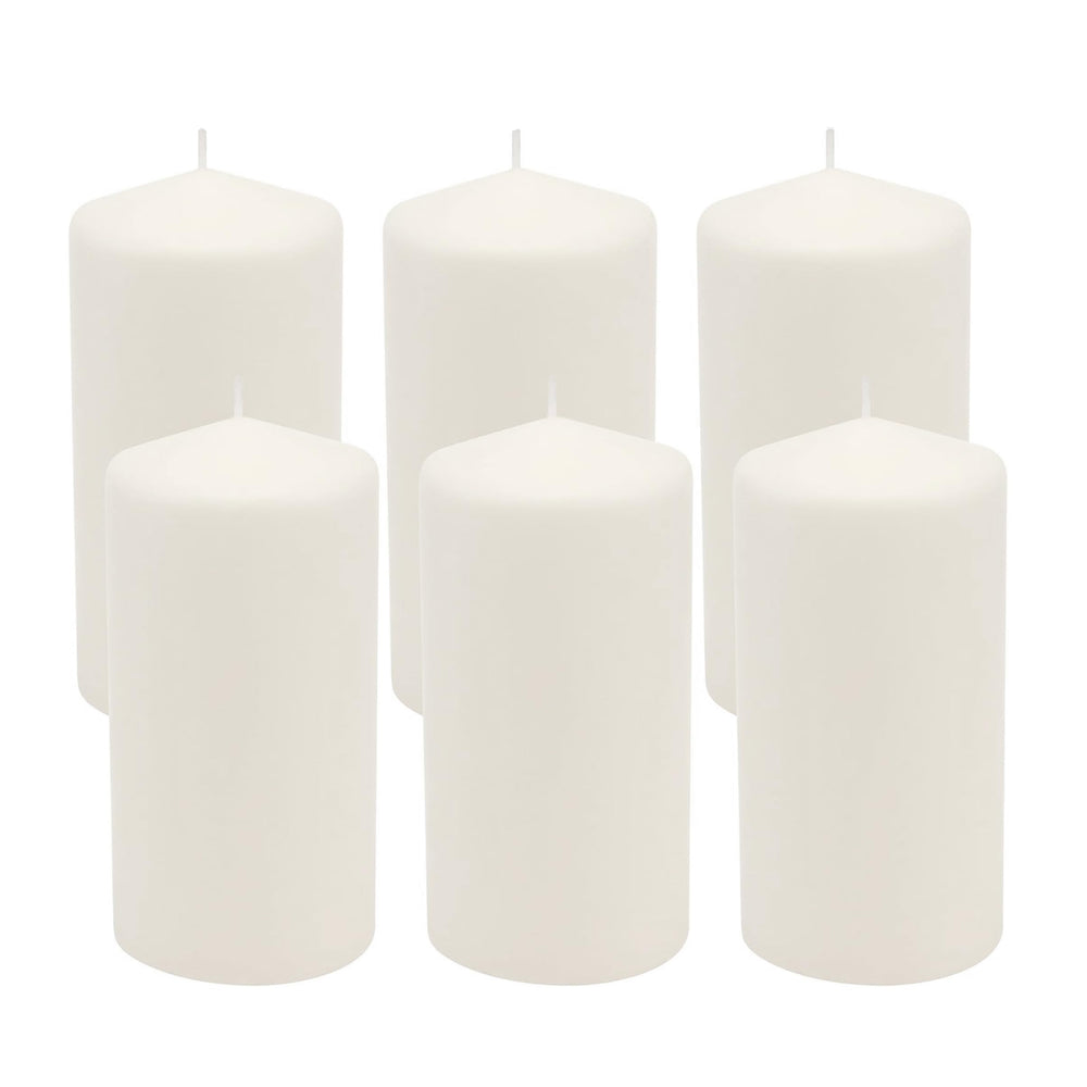 Stonebriar front packaging showing six white pillar candles and secure box, convenient gift-ready