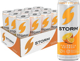 STORM lata frontal Valencia Orange mostrando etiqueta y tamaño práctico