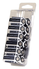Streamlight 12-pack front packaging showing CR123A batteries and pack benefit