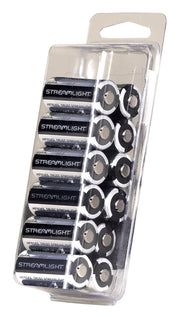 Streamlight 12-pack front packaging showing CR123A batteries and pack benefit