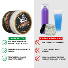Suavecito Pomade closeup label and ingredients text, brand clarity and trust benefit