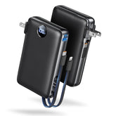Sucrosey front view showing compact black power bank and built-in plug for travel convenience