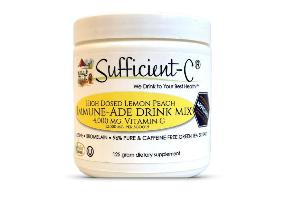 Sufficient-C frente del empaque mostrando sabor limón durazno y beneficios