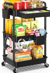 SUNALLY vista frontal del carrito mostrando tres niveles y acabado negro, organiza eficientemente