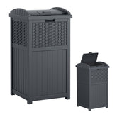 Suncast front view of wicker hideaway trash can shows neat outdoor storage