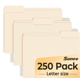 SUNEE front pack of 250 manilla folders showing box and count, fast bulk organization