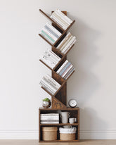 SUNMORY tree bookshelf front view showing tall narrow storage and decorative silhouette