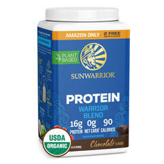 Sunwarrior frente del envase mostrando el sabor chocolate y beneficios claros