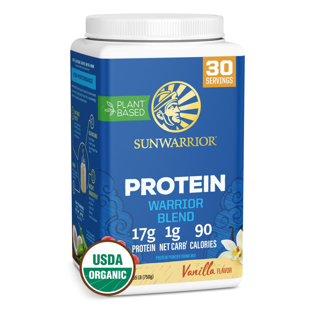 Sunwarrior Warrior Blend frontal del envase mostrando la marca y sabor vainilla, con aspecto profesional y puro