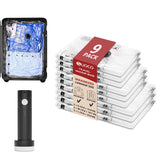 SUOCO clear nine-piece set front packaging showing bags and cordless pump for compact packing