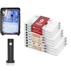 SUOCO clear nine-piece set front packaging showing bags and cordless pump for compact packing
