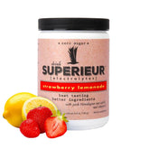 Superieur canister front view showing strawberry lemon flavor and serving details, convenient hydration