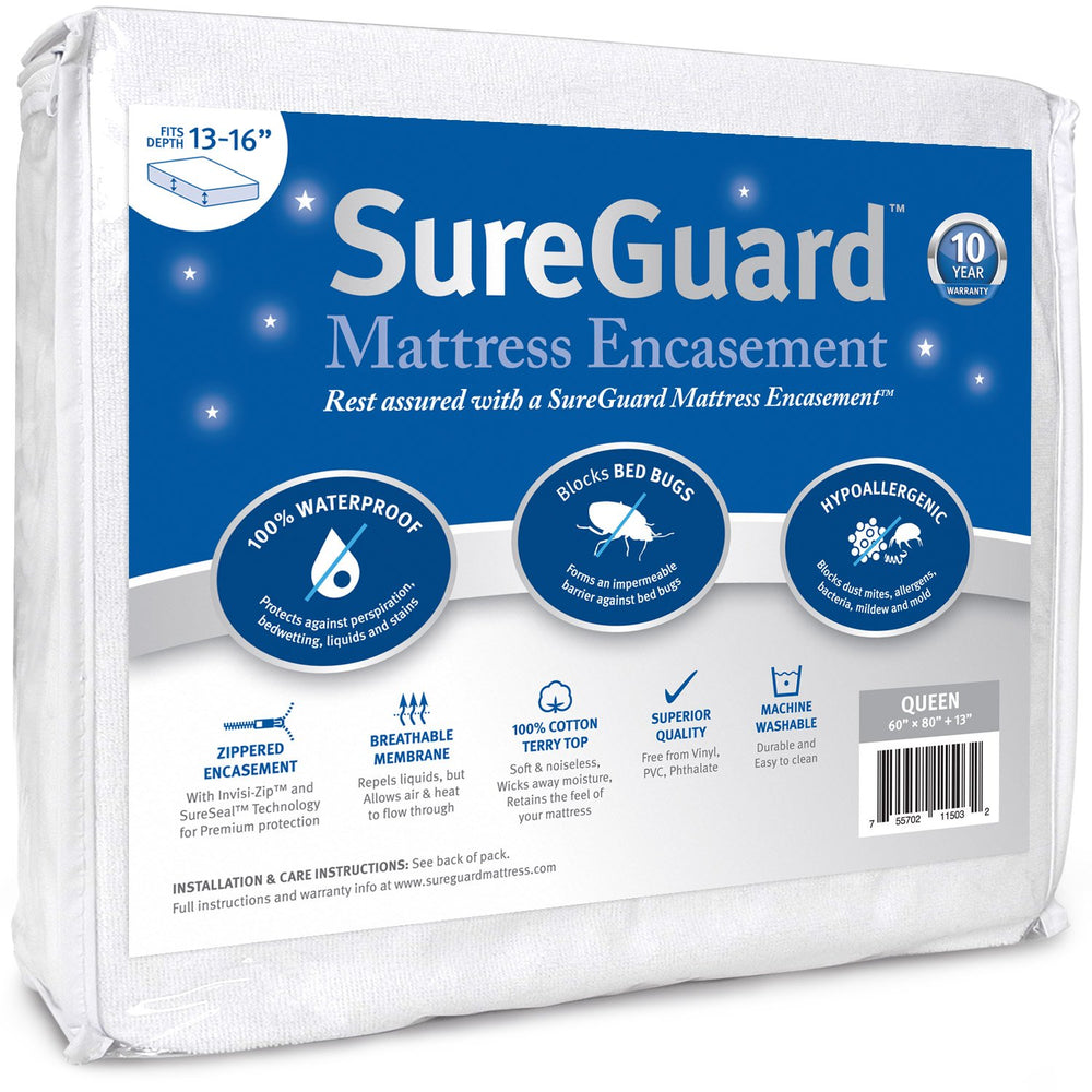 SureGuard funda frontal con embalaje mostrando tamaño Queen y ajuste