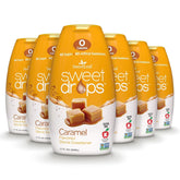 SweetLeaf caramel front packaging showing six 1.7 oz bottles and product benefits