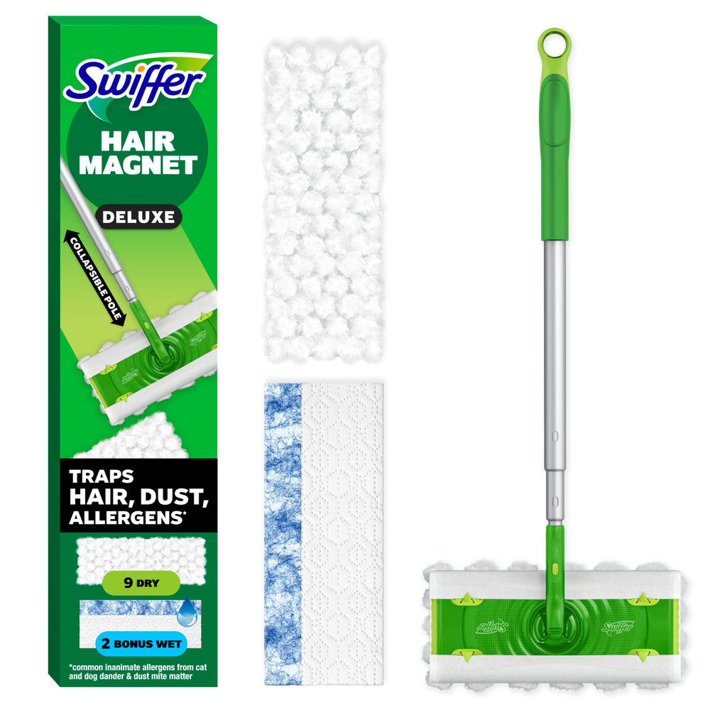 Swiffer mostrando el kit Deluxe frontal, limpieza eficiente