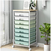 SYKIARIOL front view of green 8-drawer rolling cart showing full storage and wooden top benefit