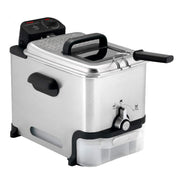T-fal vista frontal en acero inoxidable mostrando acabado duradero y elegante
