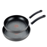 T-fal front view of both 10 and 12 inch pans showing durable finish and quick identification benefit