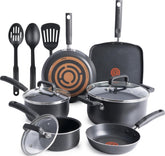 T-Fal front view of cookware set showing included pieces and benefits