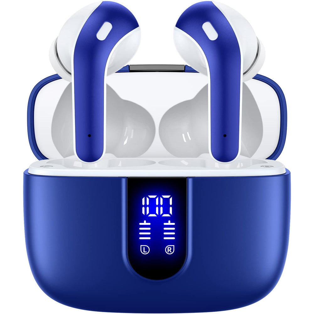 TAGRY auriculares X08 frontal y estuche abierto mostrando auriculares y beneficio de transporte