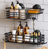 TAILI front view of black shower caddy showing organized bottles and soap, saves space