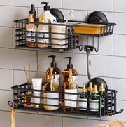 TAILI front view of black shower caddy showing organized bottles and soap, saves space