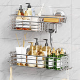 TAILI front view of silver shower caddy showing full shelf and sleek finish benefit organization
