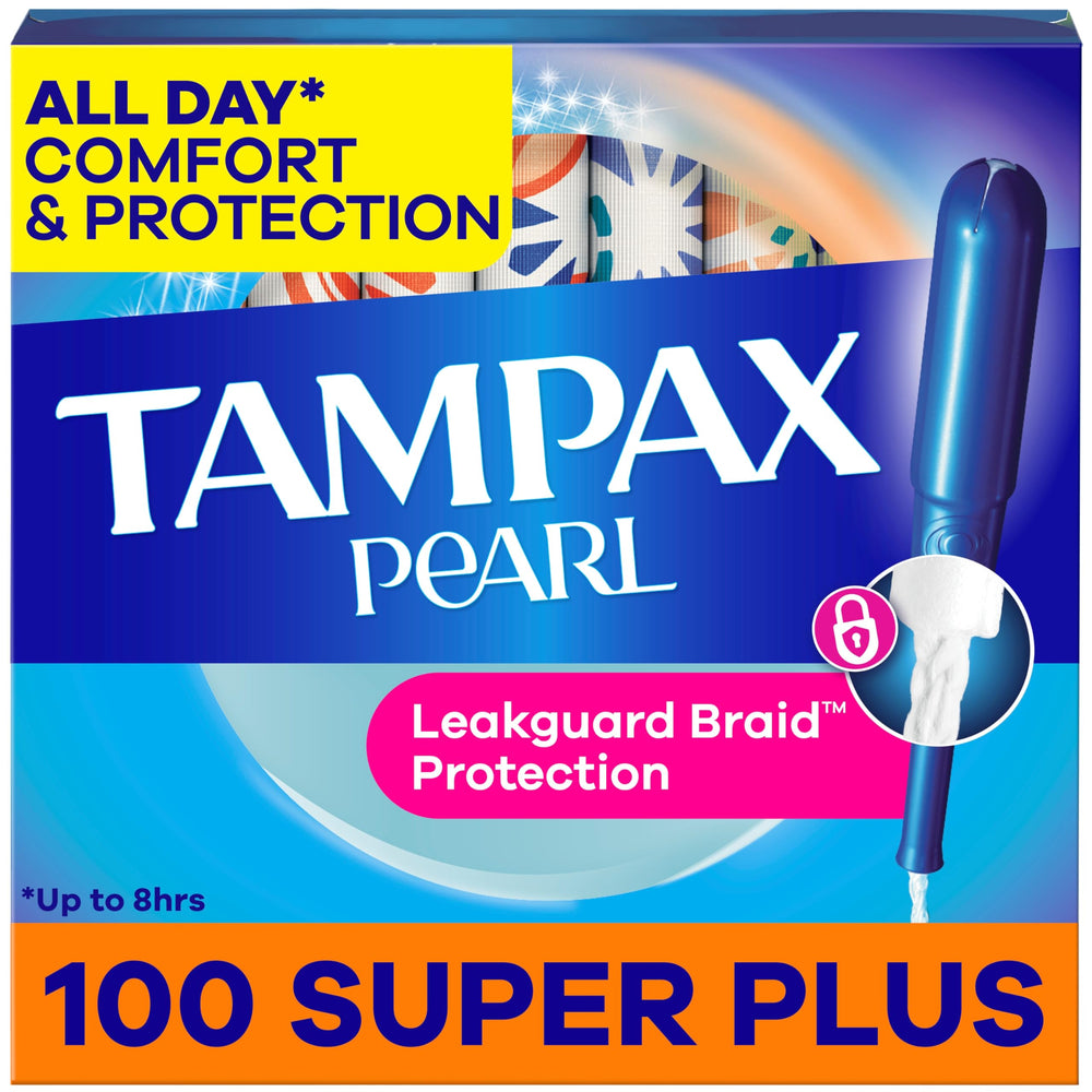 Tampax empaquetado frontal mostrando 100 tampones y beneficio de protección