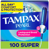 Tampax empaque frontal mostrando 100 tampones y beneficios claros