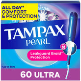 Tampax frontal del empaque mostrando 60 unidades y beneficio suministro prolongado