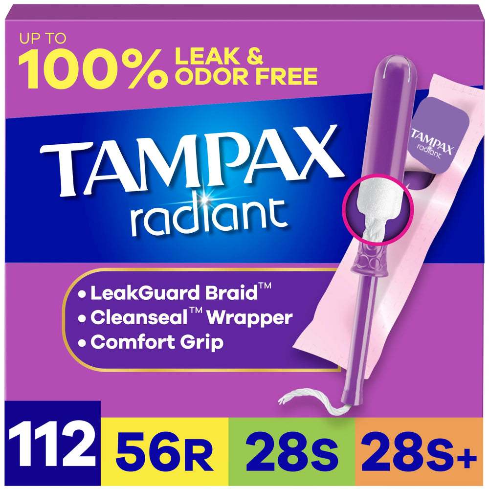 Tampax Radiant front packaging showing multipack and benefits
