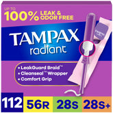 Tampax Radiant front packaging showing multipack and benefits
