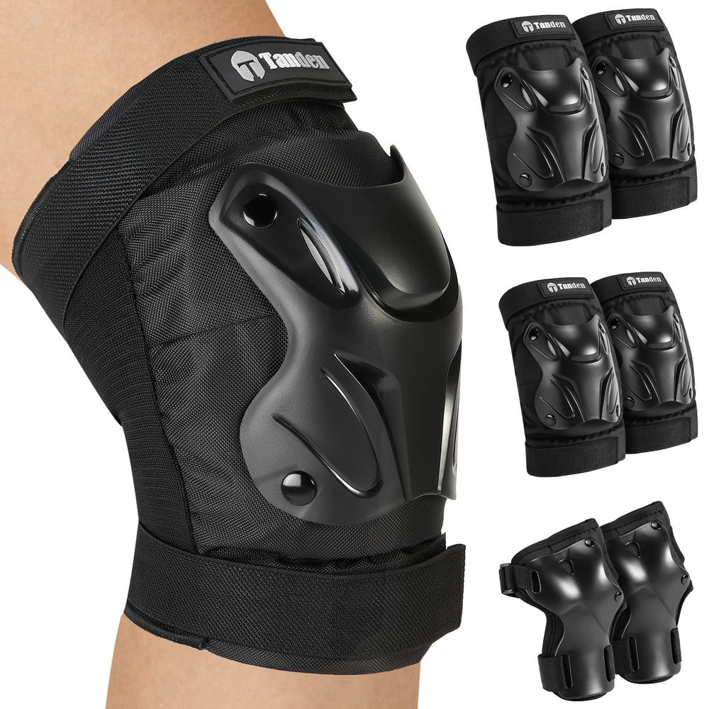 Tanden vista frontal del kit con rodilleras, coderas y muñequeras, protección completa