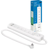 Tapo regleta frontal mostrando 6 tomas AC y 3 USB, organización eficiente