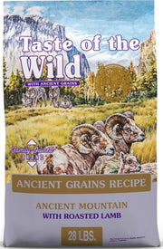 Taste of the Wild bag front shows roasted lamb and benefits