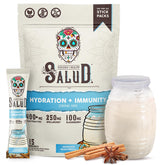 Taste Salud front packaging showing horchata stick packs and benefits