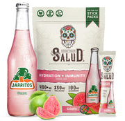 Taste Salud x Jarritos guava front packaging showing stick pack box and branding, convenient portability