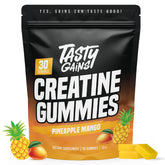 TASTY GAINS envase frontal de creatine gummies con beneficio conveniencia