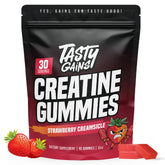 TASTY GAINS frasco frontal mostrando diseño y sello Non-GMO
