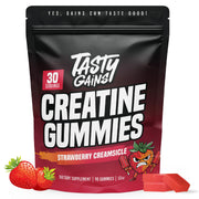 TASTY GAINS frasco frontal mostrando diseño y sello Non-GMO