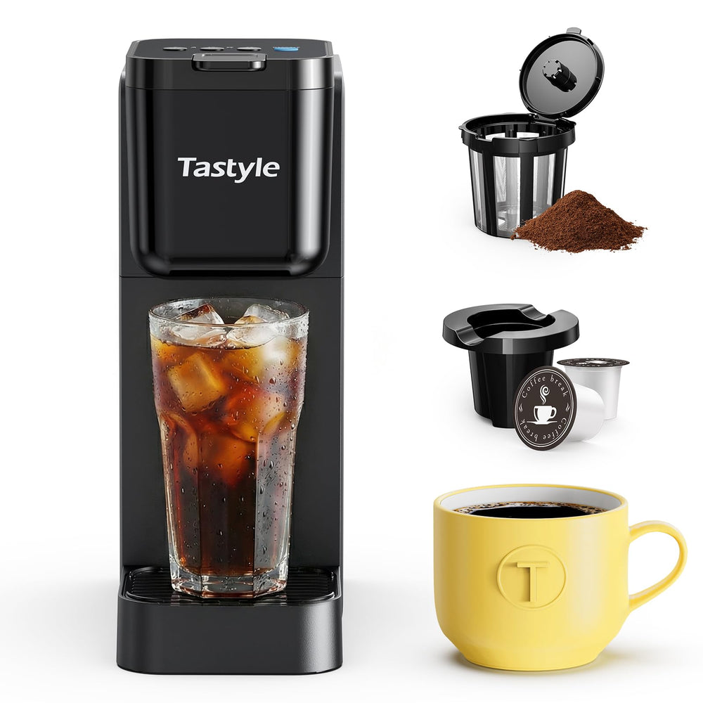 Tastyle vista frontal con taza grande mostrando compatibilidad y ahorro de tiempo